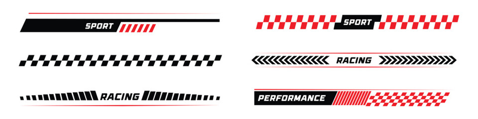 Sports racing stripe and car decal set. Isolated vector illustration of red and black geometric speed lines, checkered flag patterns, and performance typography for vehicle wrap and styling. © MdNurul