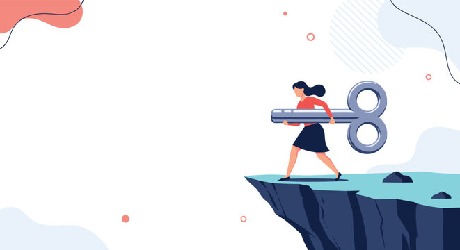 Determined businesswoman carrying a massive silver wind-up key while walking toward the edge of a steep cliff.