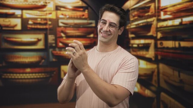 Man smiling while inspecting a small object with clasped hands in a museum gallery of boat displays; contentment curiosity.