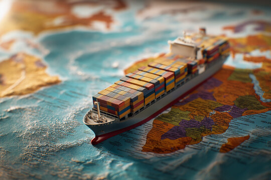 Container ship model on world map , transcontinental transportation or globalization concept image with copy space