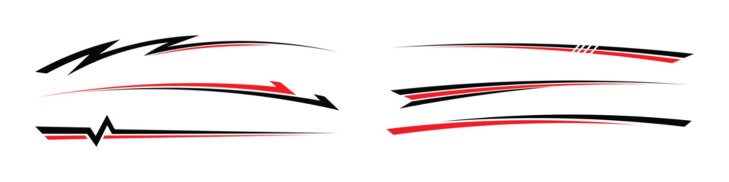 Racing car decal and body sticker design set. Isolated vector illustration of red and black geometric speed lines, tribal swooshes, and sports stripes for vehicle wrap and automotive styling.