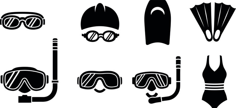 minimalist vector set featuring swim goggles, ski masks, and a swimsuit for sports, fitness, and travel marketing materials