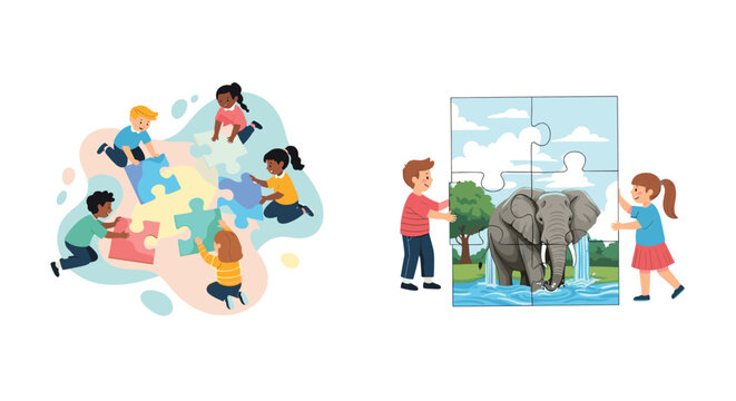 Groups of children working together to solve colorful jigsaw puzzles including a large puzzle featuring an elephant.