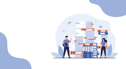 Fototapeta premium Professional man and woman standing amidst massive stacks of paper documents and folders in a busy office workspace.