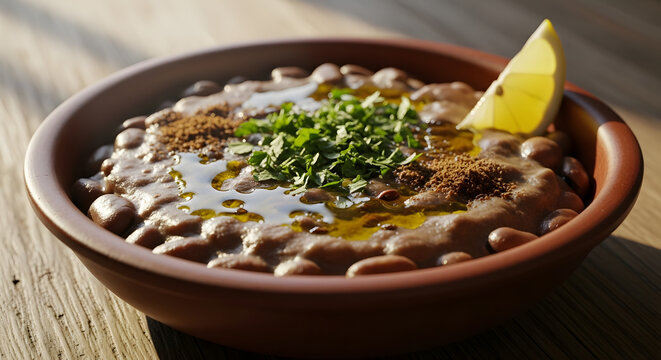 Rustic bowl of traditional Egyptian Ful Medames stewed fava beans with olive oil and spices on wooden table