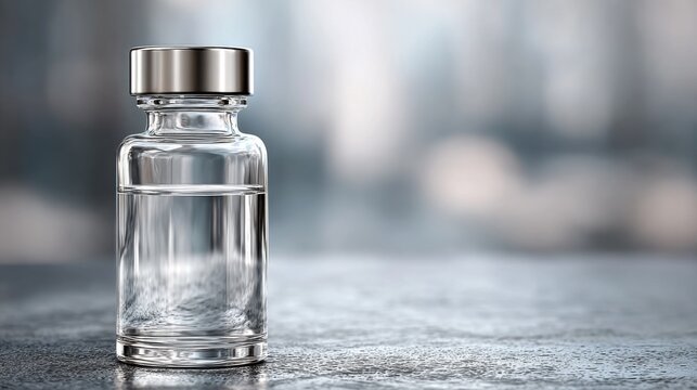 Clear glass vial with liquid standing on a smooth surface against a blurred background in a modern setting