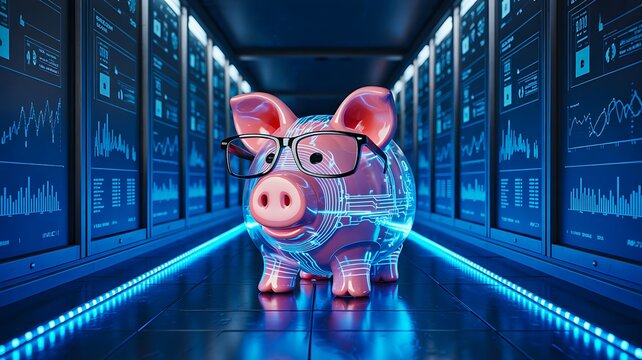 Digital piggy bank in data center representing financial technology savings and investment concept
