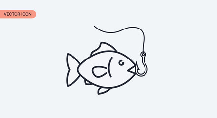 Obraz premium Simple Line Art Icon of a Fish Caught on a Fishing Hook