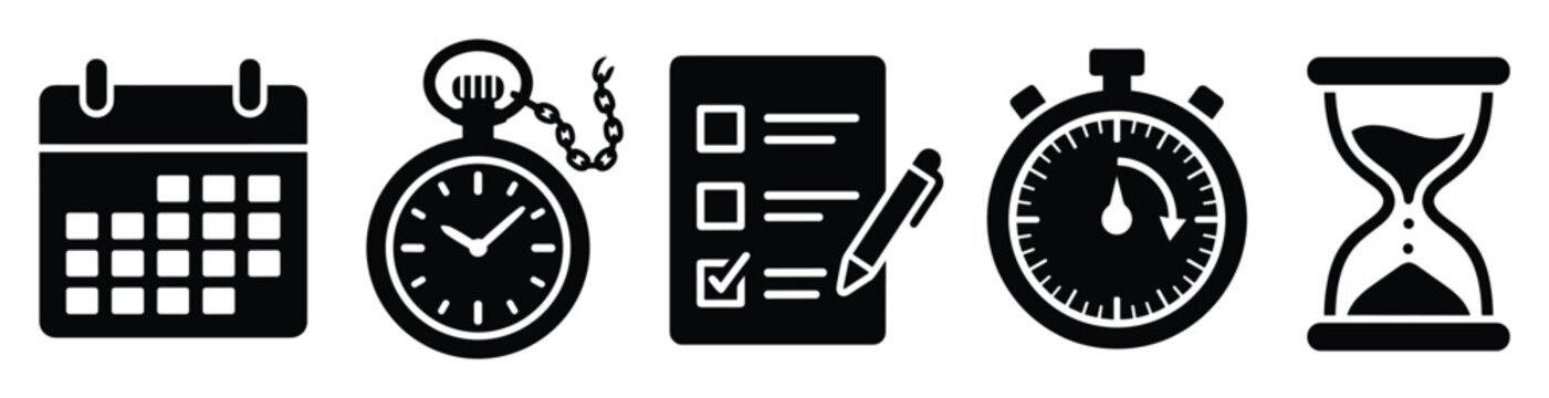 Time management and planning icons for scheduling tasks and tracking deadlines in business applications