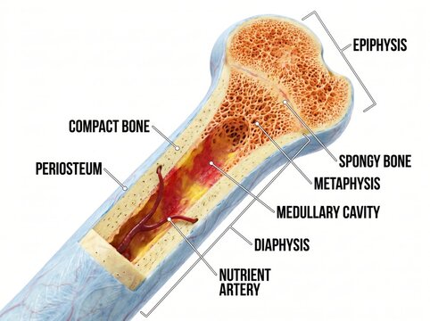 Detailed Diagram of Human Long Bone Structure with Labels for Medical and Educational Use