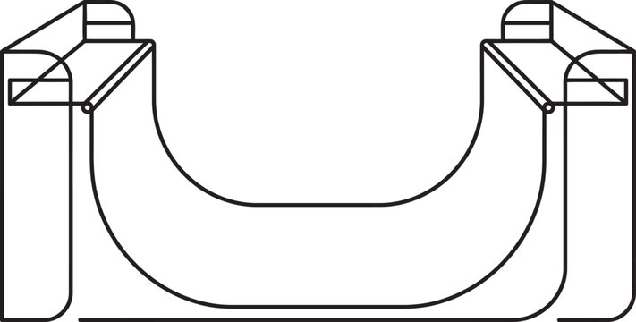 Minimalist half-pipe skate ramp line art flat vector. Ideal for extreme sports branding, skatepark blueprints, and urban lifestyle graphics. Clean, versatile design for modern digital and print use.