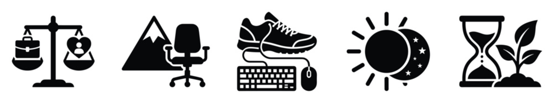 Work life balance, remote work, active lifestyle, and personal growth icons for modern well being concepts