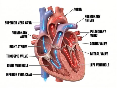 Detailed Anatomical Diagram of Human Heart with Vessels and Valves Labeled for Educational Purposes