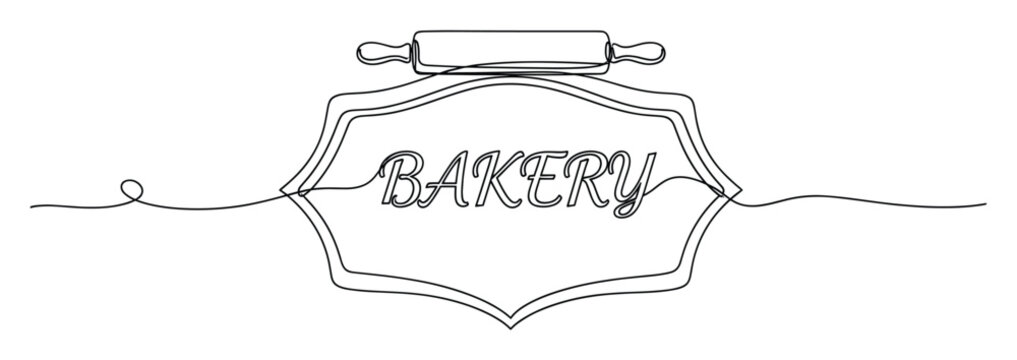 Continuous line drawing of a bakery sign with a rolling pin for food service business branding