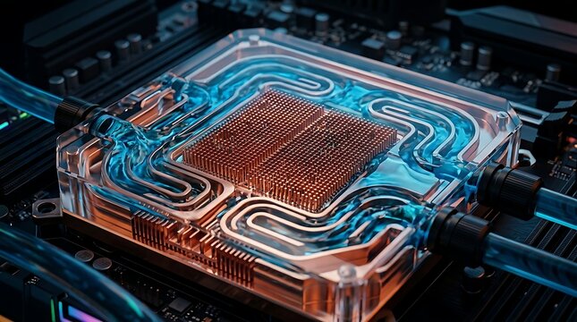 Advanced liquid cooling system for computer hardware, showcasing a transparent water block with blue coolant flowing over a copper heatsink on a motherboard