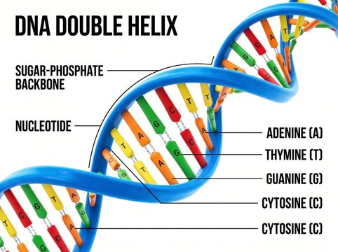 Detailed Illustration of DNA Double Helix Structure with Nucleotide Labels and Backbone Representation