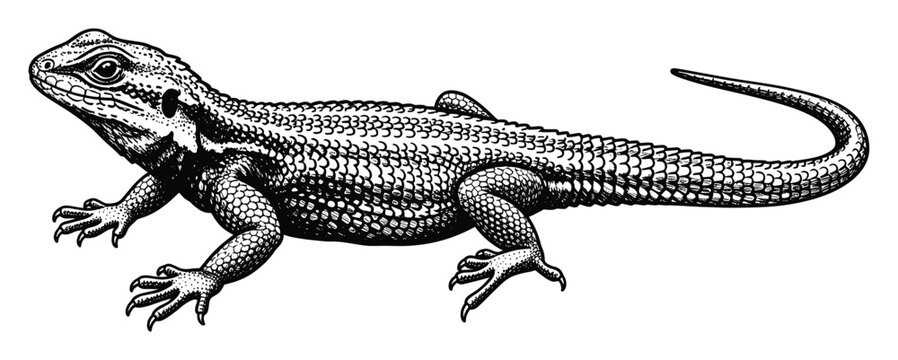 Detailed engraving of a lizard with scaly skin, ideal for educational and nature publications