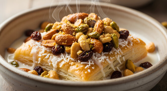Warm Egyptian Umm Ali puff pastry bread pudding with cream, milk, coconut, and nuts in ceramic bowl