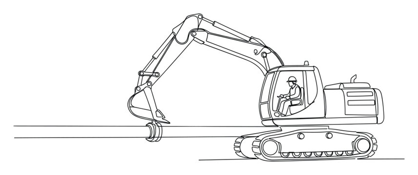 Construction excavator with operator handling a pipe, ideal for industrial site graphics