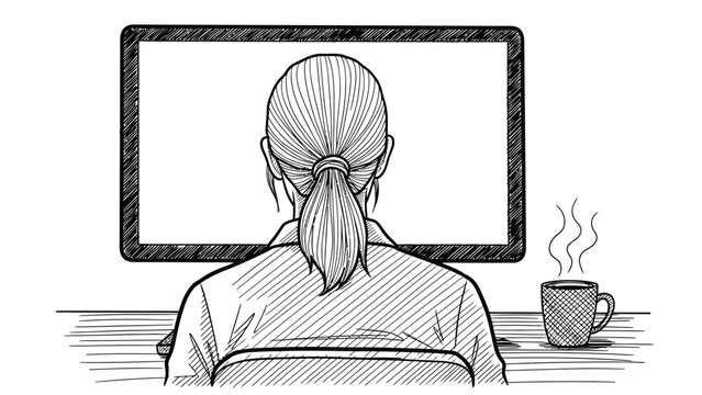 Woman sitting at desk with computer and coffee mug sketch illustration back view representation of office work and daily productivity in modern professional life.