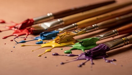Obraz premium Row of artist paintbrushes laid horizontally each with a different color of paint—red blue yellow green purple—splashed and dripping from the tips onto a neutral surface.