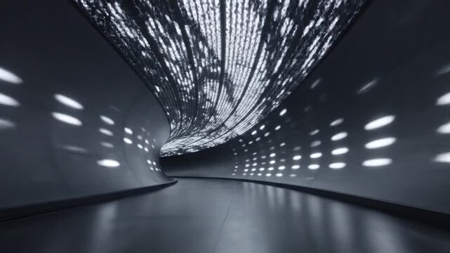 A futuristic tunnel with illuminated patterns and a reflective surface creates a modern and abstract visual experience