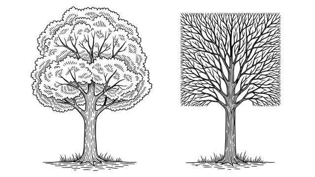 Comparison of deciduous tree with full foliage and bare tree within square frame, contrasting natural forms and geometric shapes.