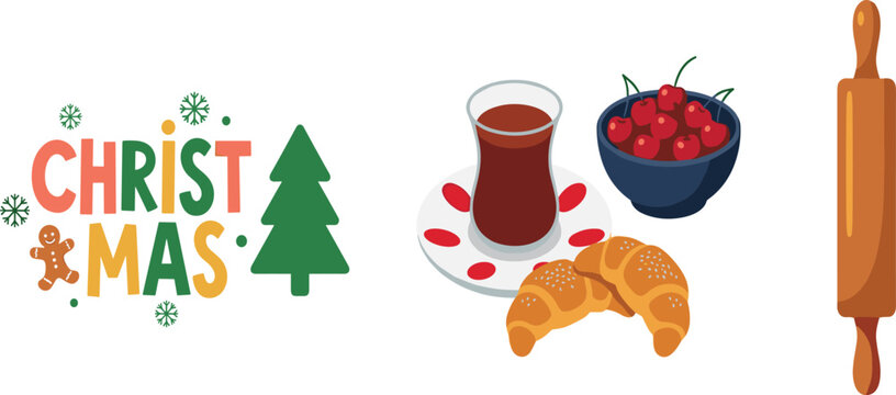 Colorful Christmas Typography With Tree Croissant Tea Cherry Bowl And Rolling Pin Flat Vector Illustration Set