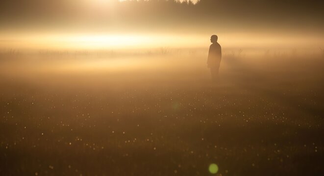 Silhouette of a person standing in a foggy landscape during sunrise or sunset.