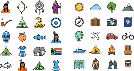 Colorful Native American African Travel And Outdoor Adventure Icon Set With Camping Nature Flat Vector Illustration Collection © Halima