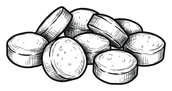 Hand drawn sketch of a pile of round pills or mints for medical or food related designs