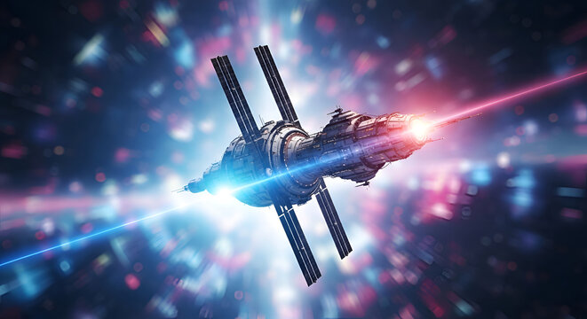 Spacecraft firing laser beam in galaxy.