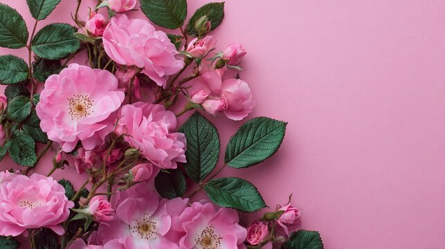 Pink Roses And Green Leaves On Solid Pink Background For Spring Floral Concepts