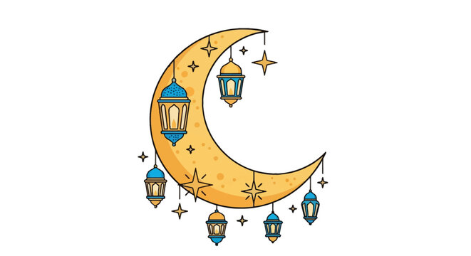 Flat vector illustration of a yellow crescent moon decorated with hanging traditional blue and yellow lanterns and four-pointed stars, isolated on a clean white background.