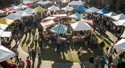 Obraz premium Crowd of people at a busy outdoor market on a sunny day