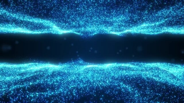 Abstract futuristic glowing blue particle wave landscape with dark copy space center