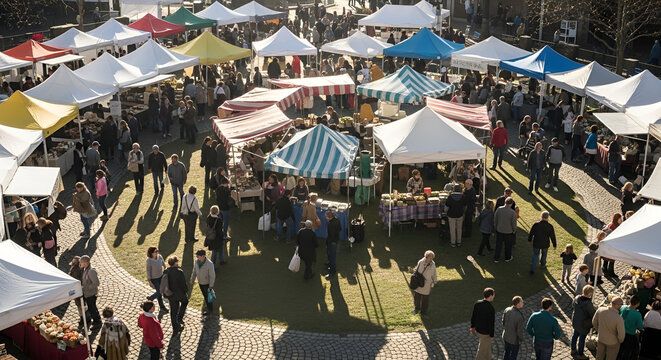 Crowd of people at a busy outdoor market on a sunny day