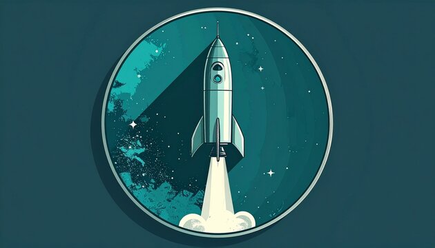 futuristic rocket launching through circular portal in deep space teal glow