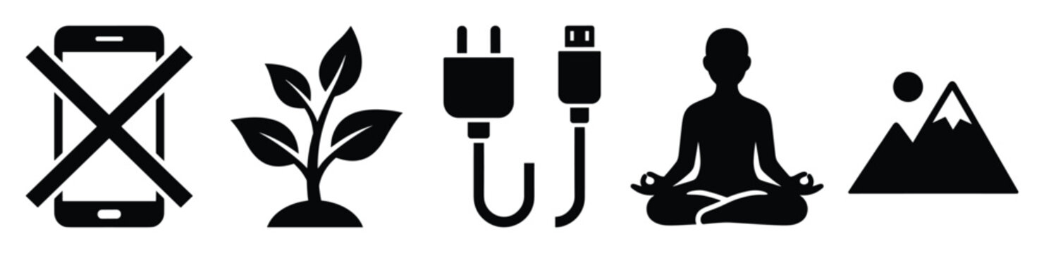 Digital detox, nature, power, meditation, and mountain icons for wellness topics