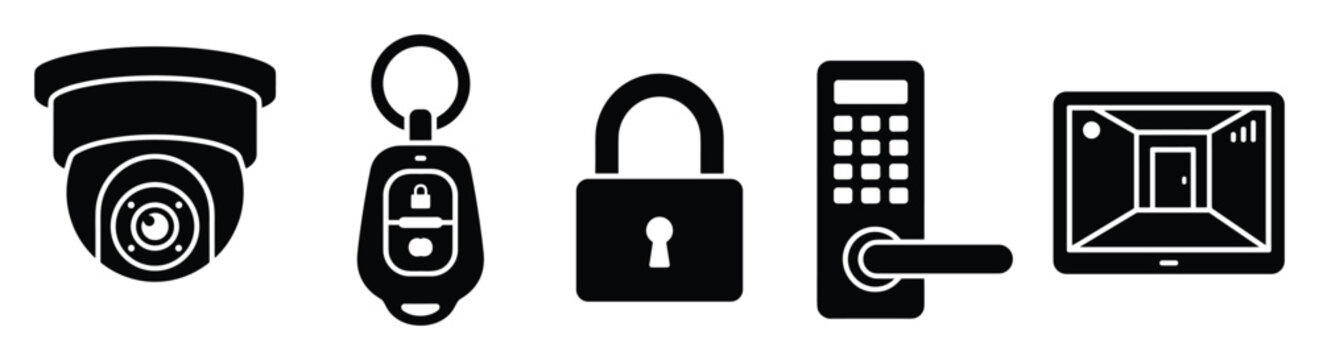 Smart home security system glyph icons for digital protection and access control applications