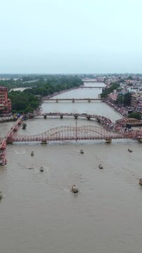 Vertical Aerial View of Har Ki Pauri Ganges River Haridwar India
