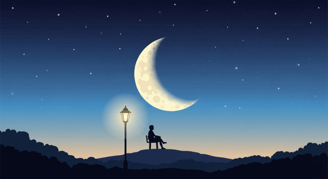 Vector illustration of a person silhouette sitting on a park bench beside a lit street lamp on a hill at night, featuring a large yellow crescent moon and stars in a gradient sky.