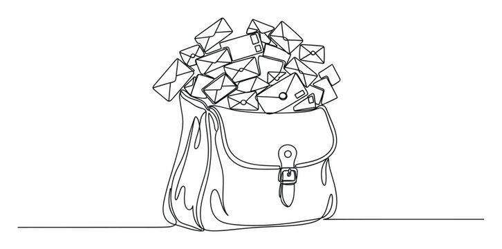 Continuous line drawing of a messenger bag full of letters, perfect for postal service concepts