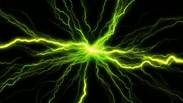 黒背景に広がる緑と黄色の雷光が走る未来的電気ネットワーク
