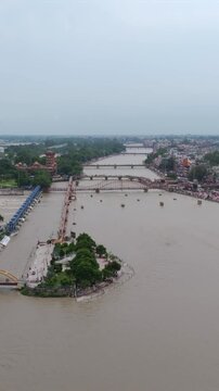 Vertical Aerial View of Har Ki Pauri Ganges River Haridwar India