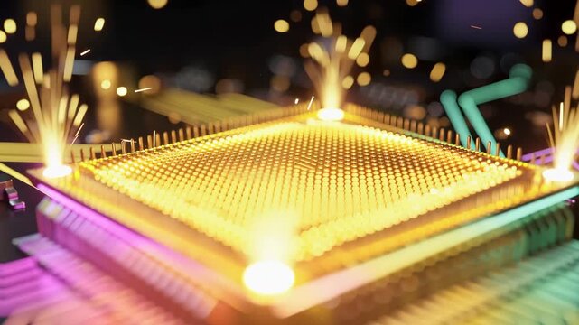 Vibrant glowing microchip with pulsating circuits and dynamic sparks in futuristic technology design