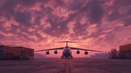 Fototapeta premium Majestic Aircraft on Tarmac with Stunning Pink and Purple Sunset Sky Above Industrial Scene at Airport