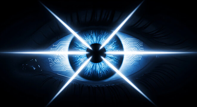 Blue Eye with Glowing Light Beams on Black Background