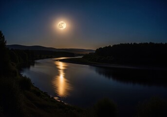 Obraz premium Serene lakeside moonrise over calm water at dusk with golden reflection