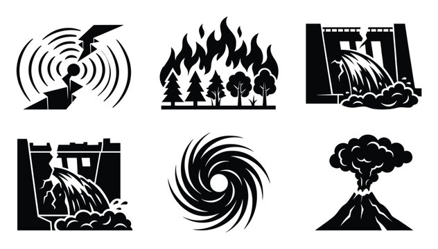 Collection of natural disaster and catastrophic event icons for emergency warnings and risk awareness